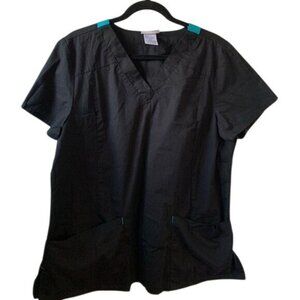 Scrubstar Womens Black Scrub Top L/G V-Neck W/ Teal Accent Cotton Blend